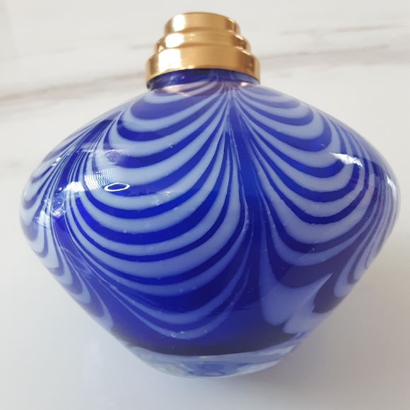 MURANO Art Glass Cobalt Blue White Perfume Bottle Clear Glass Bird Toppe… - Picture 7 of 14